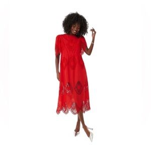 Tuckernuck Red Catalina Dress Lace Short Sleeve Midi Dress Size XS FLAWED